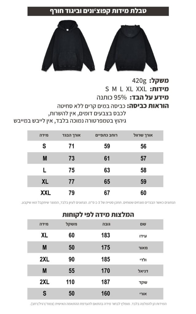 טבלת מידות טבלת מידות קפוצ'ונים